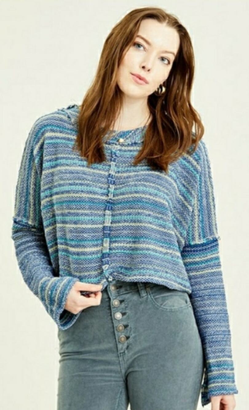 NWT Free People Marine Stripe Catalina Crop Oversized Sweater Blue Green Medium